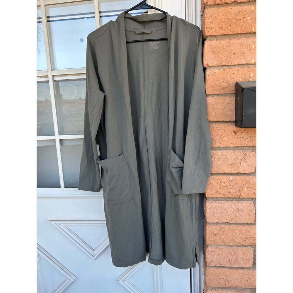 PACT Organic Cotton Longline Duster Cardigan Olive Green Medium Open Lagenlook